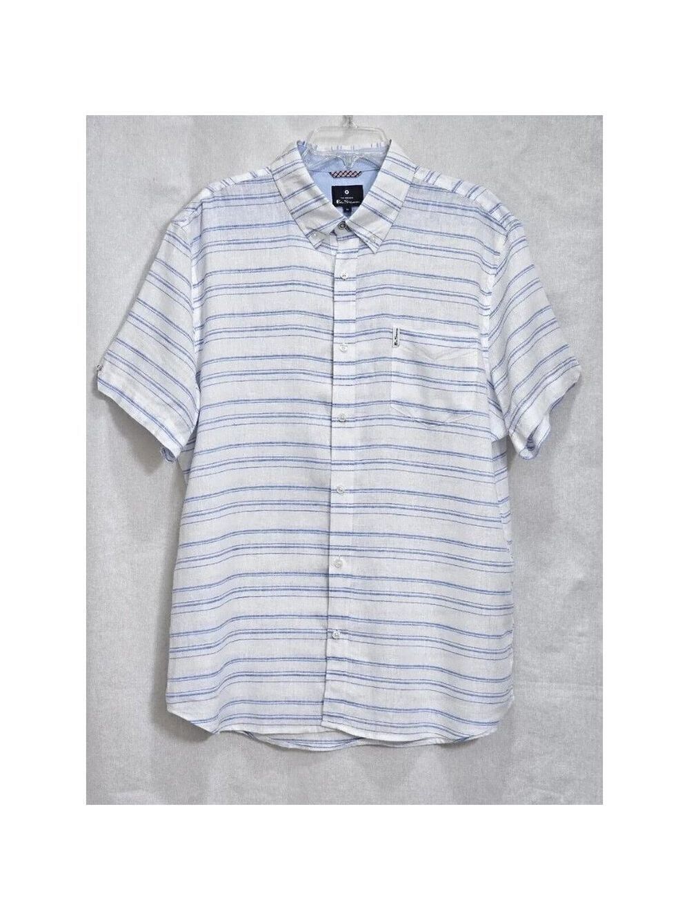 Ben Sherman Men's striped linen button up shirt Large Blue white